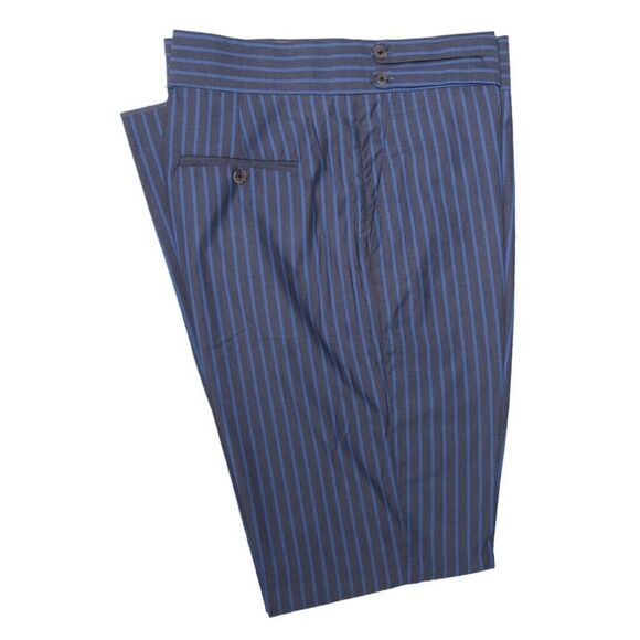 Mens Gurkha Pants Blue Striped Cotton Slim Straight Flat Front Dress Trousers 38